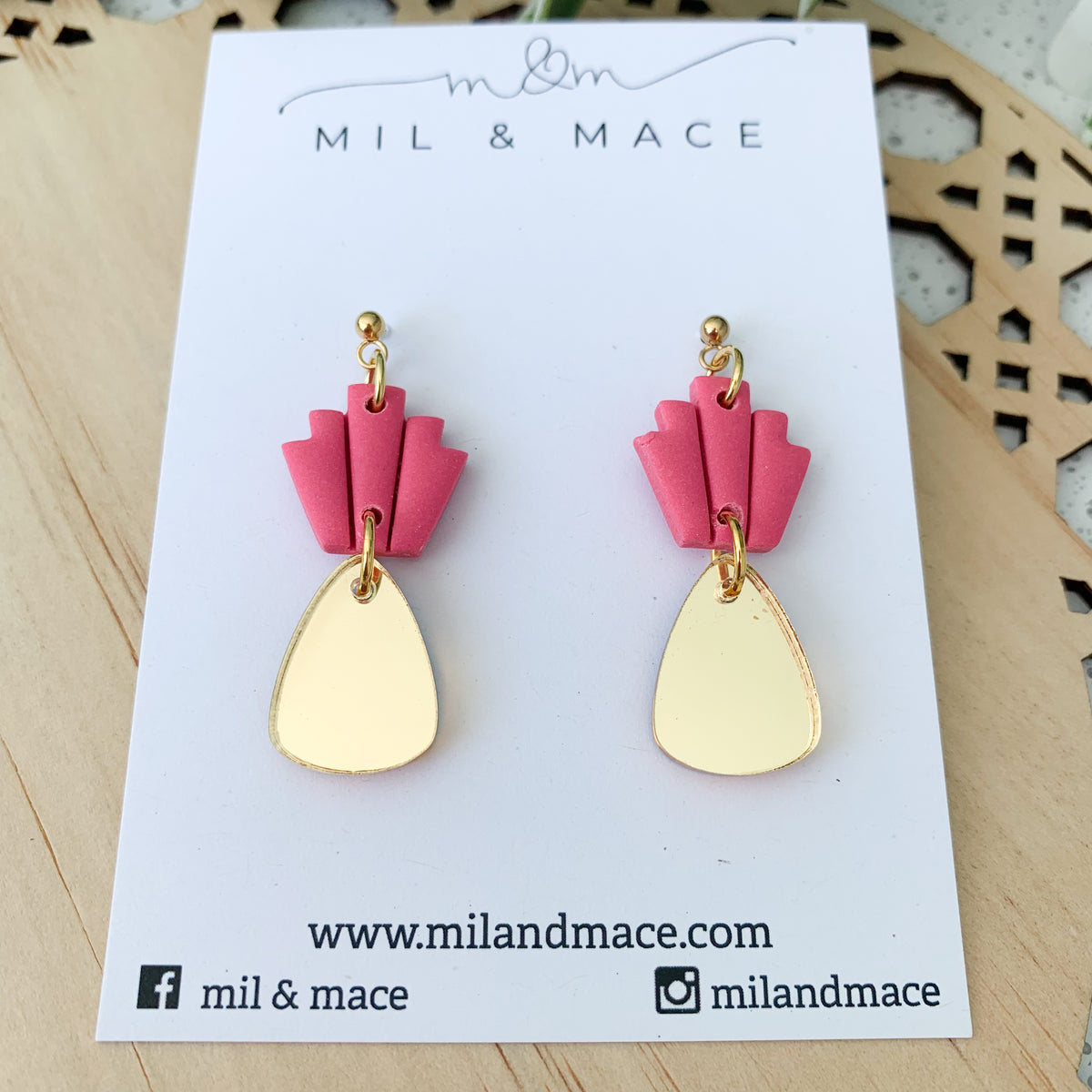 Pink and Gold Polymer Clay Dangle Earrings Mil and Mace