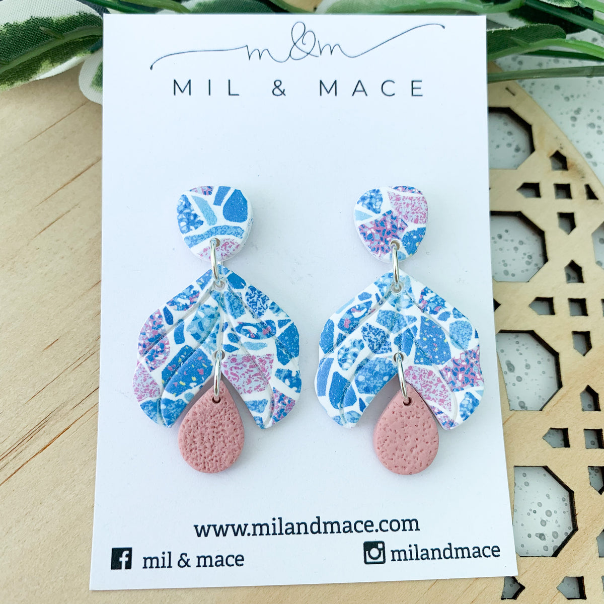 Pink and Blue Terrazzo Polymer Clay Dangle Earrings Mil and Mace