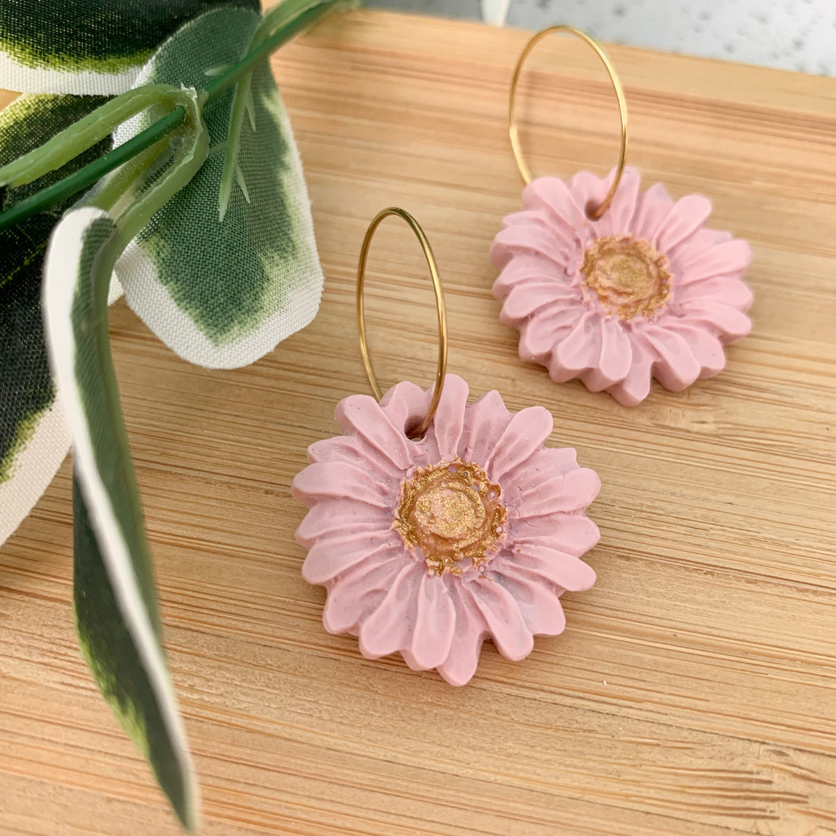 Daisy Pastel Pink Polymer Clay Dangle Hoop Earrings Mil and Mace