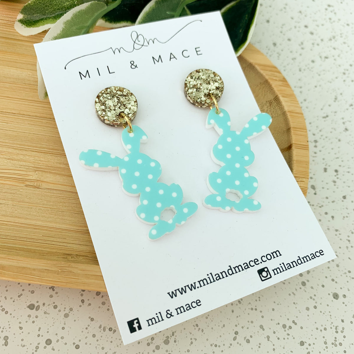 Easter Bunny Blue Spot Acrylic Dangle Earrings Mil and Mace