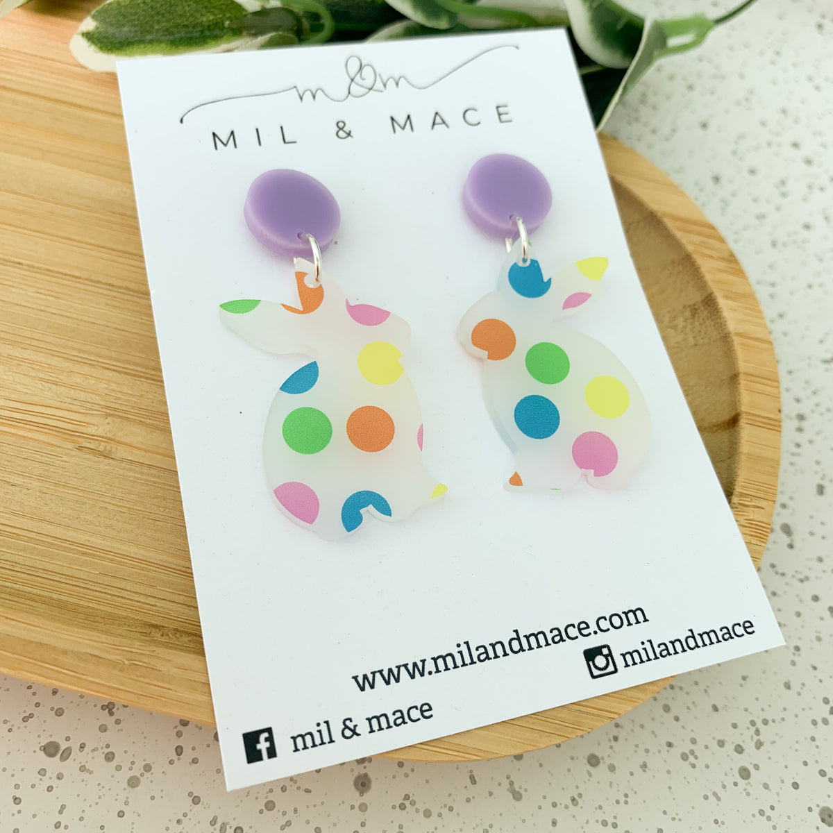 Easter Bunny Spotty Acrylic Dangle Earrings Mil and Mace