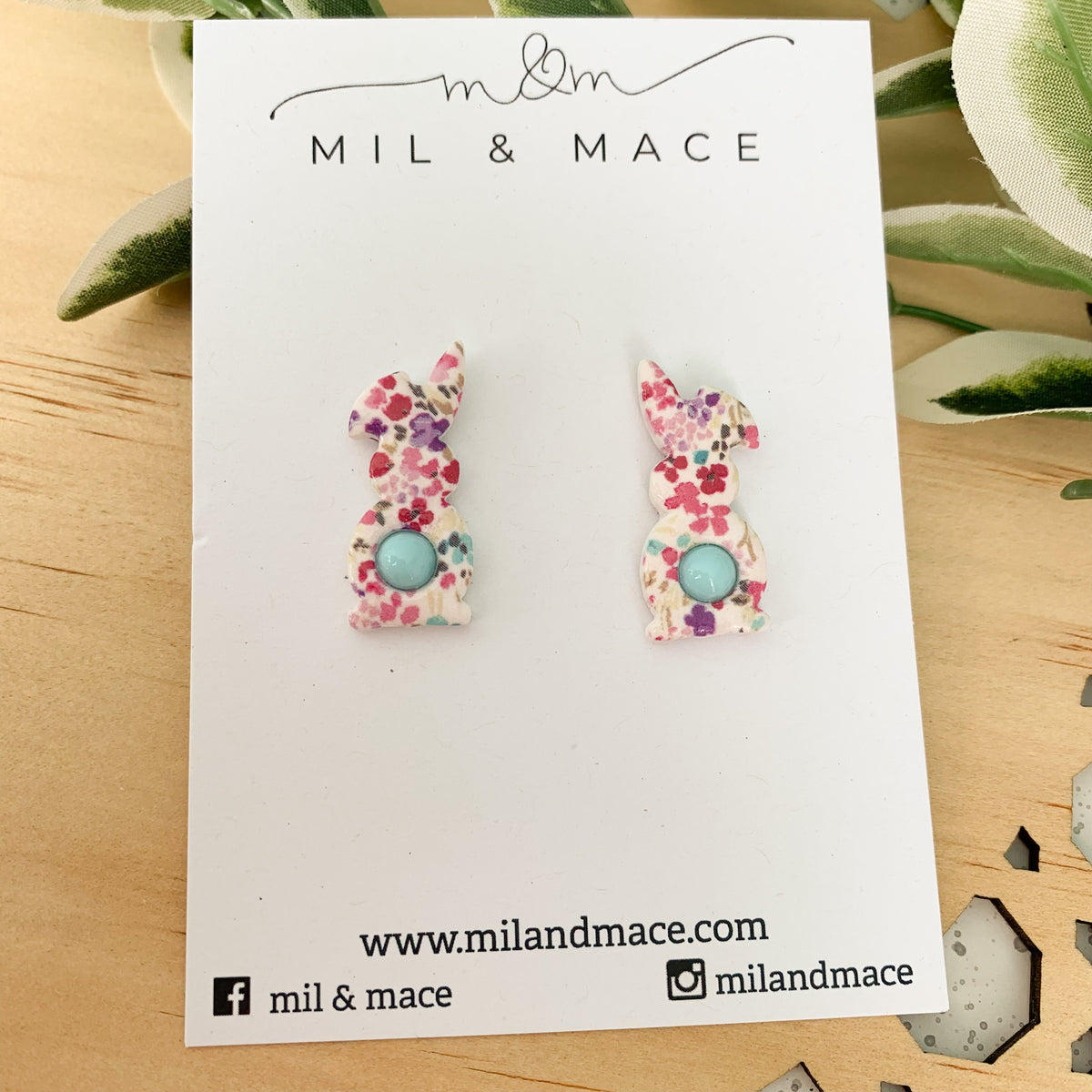 Easter Floral Print Cotton Tail Blue Polymer Clay Bunny Stud Earrings