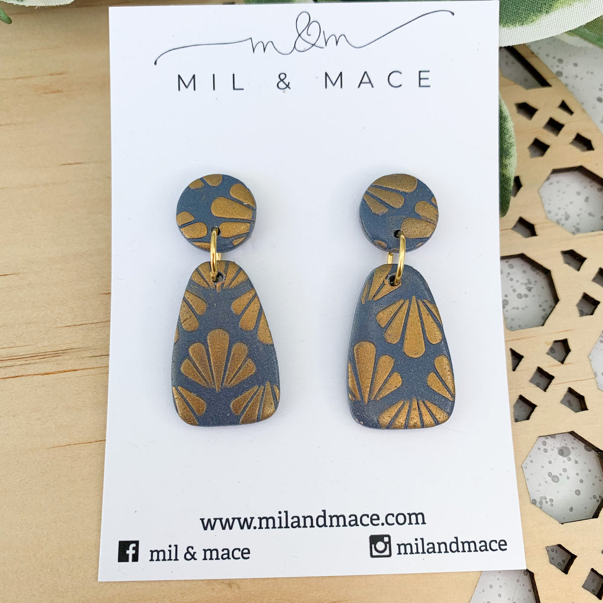 Navy and Gold Print Polymer Clay Dangle Earrings Mil and Mace