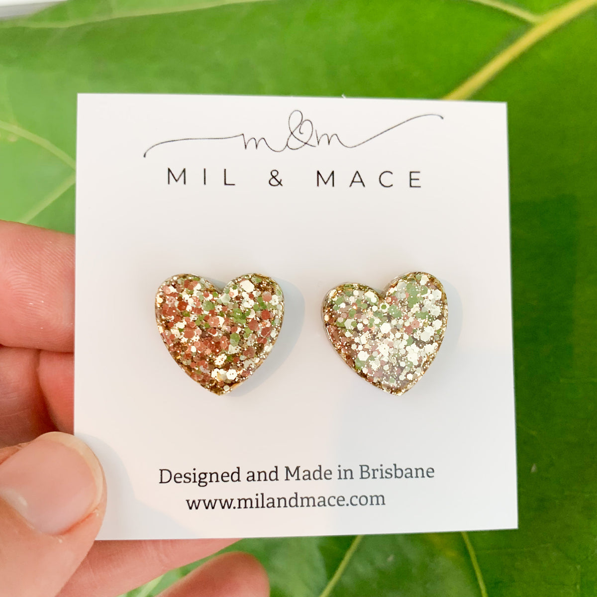 Hearts Resin and Glitter Stud Earrings Mil and Mace