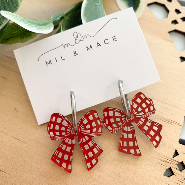 Reversible Checker Bow Dangle Huggie Earrings