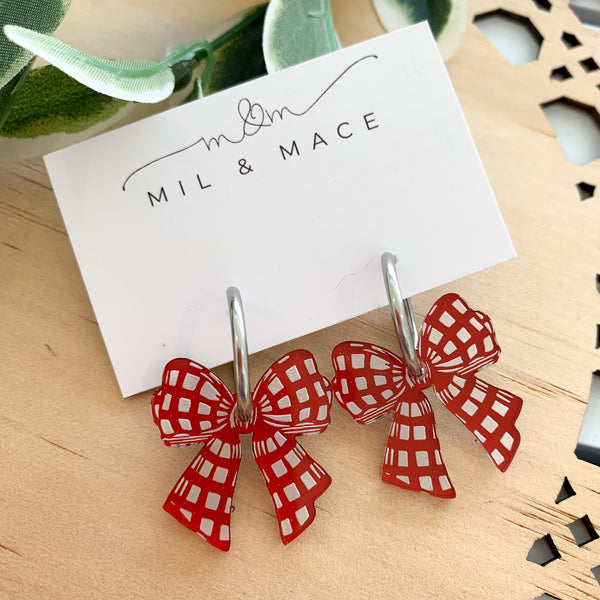 Reversible Checker Bow Dangle Huggie Earrings