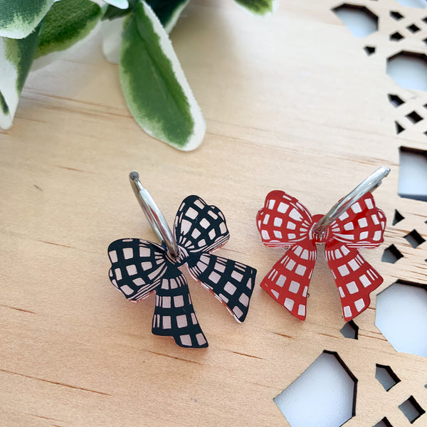 Reversible Checker Bow Dangle Huggie Earrings