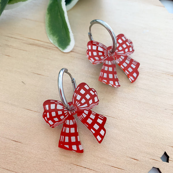 Reversible Checker Bow Dangle Huggie Earrings