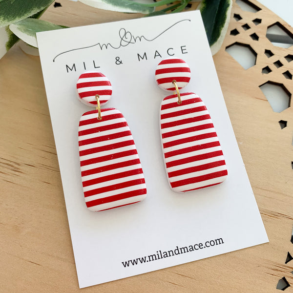 Red and White Stripe Polymer Clay Dangle Earrings