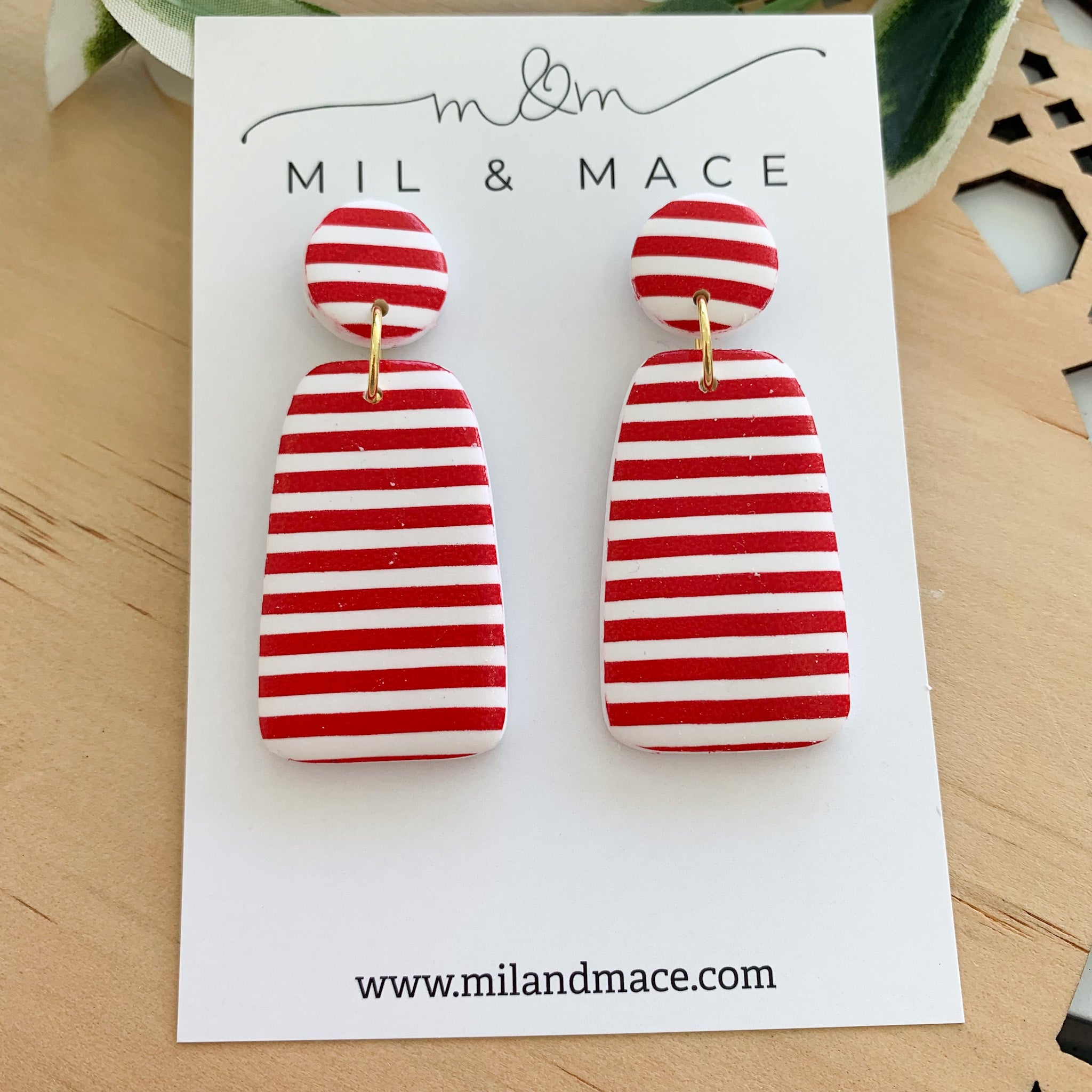 Red and White Stripe Polymer Clay Dangle Earrings