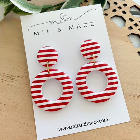 Red and White Stripe Polymer Clay Dangle Earrings