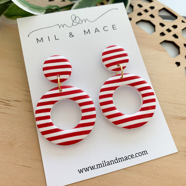 Red and White Stripe Polymer Clay Dangle Earrings