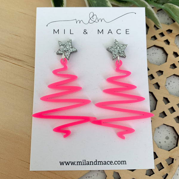 Christmas Neon Pink Acrylic Dangle Earrings