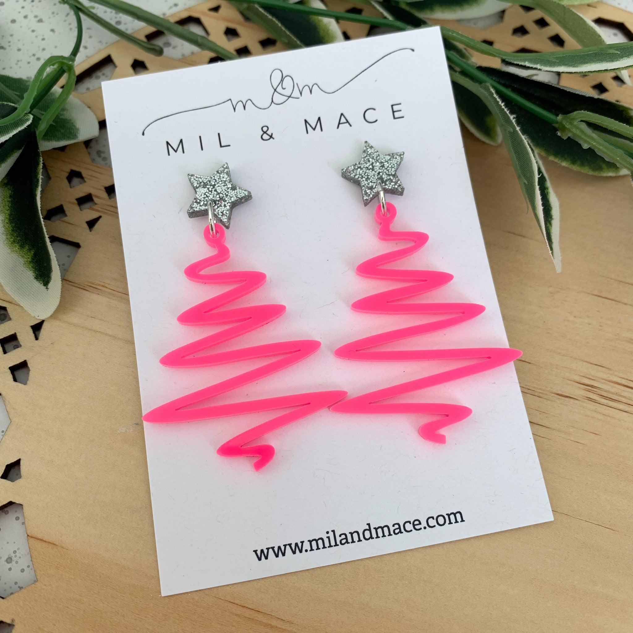 Christmas Neon Pink Acrylic Dangle Earrings