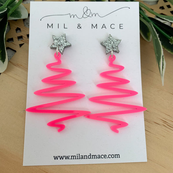 Christmas Neon Pink Acrylic Dangle Earrings