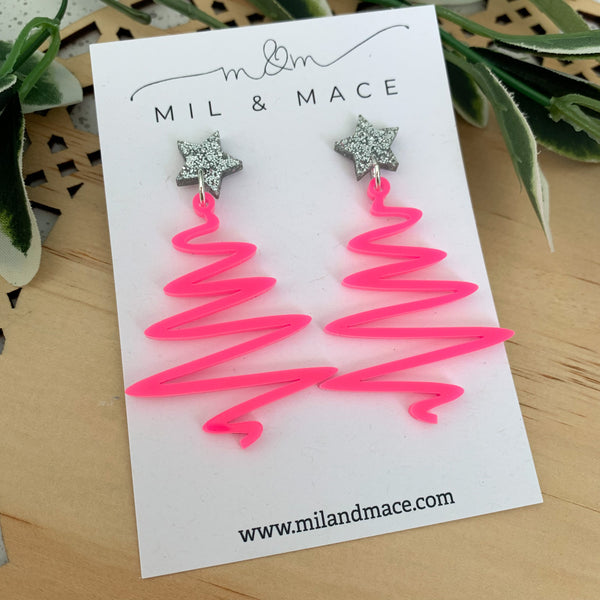 Christmas Neon Pink Acrylic Dangle Earrings