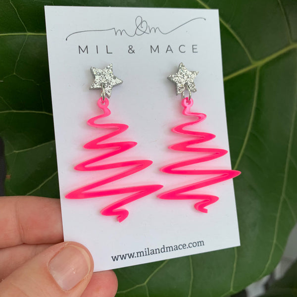 Christmas Neon Pink Acrylic Dangle Earrings