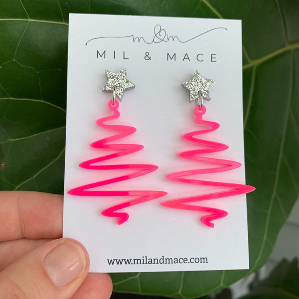 Christmas Neon Pink Acrylic Dangle Earrings