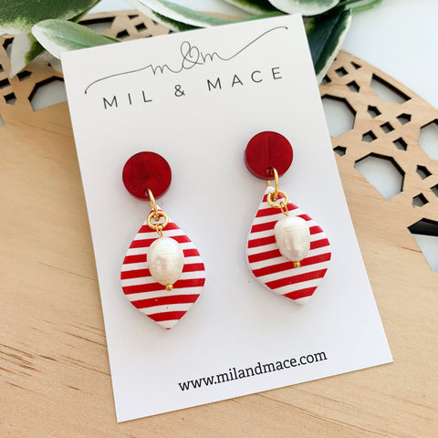 Red and White Stripe Polymer Clay Dangle Earrings