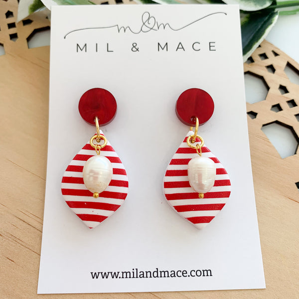 Red and White Stripe Polymer Clay Dangle Earrings