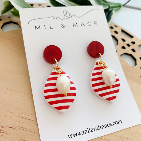 Red and White Stripe Polymer Clay Dangle Earrings