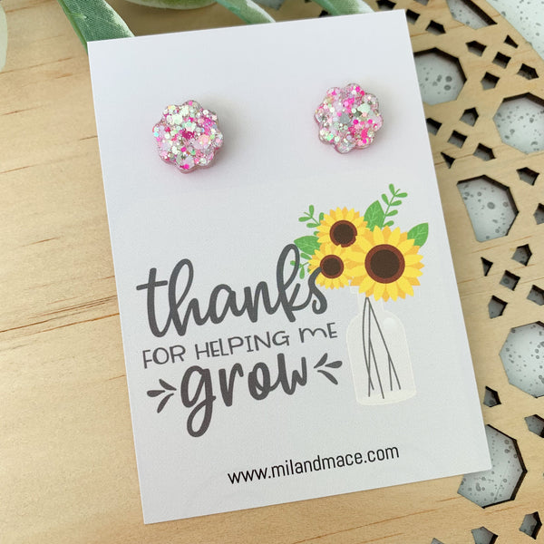 Educator Gift 'Thanks for helping me grow' Flower Stud Earrings