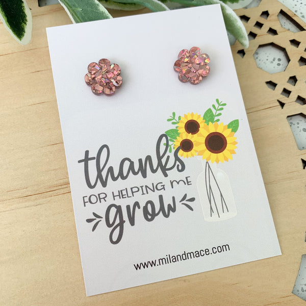 Educator Gift 'Thanks for helping me grow' Flower Stud Earrings