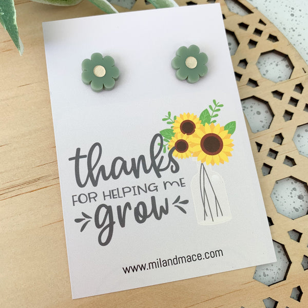 Educator Gift 'Thanks for helping me grow' Flower Stud Earrings