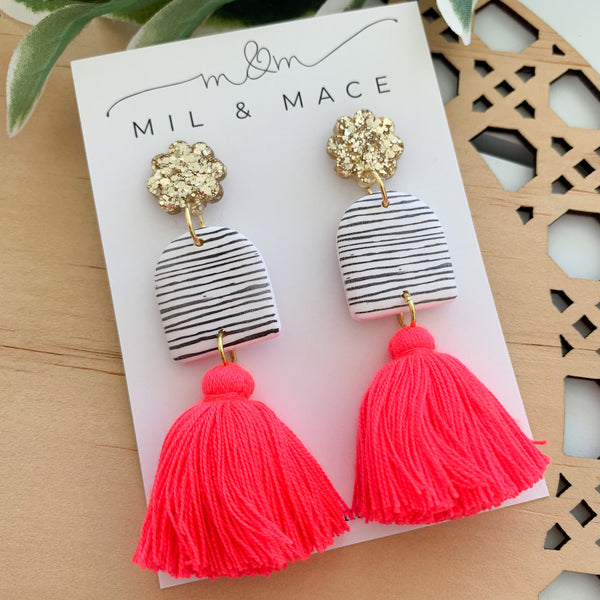 Black and White Stripe Tassel Dangle Earrings