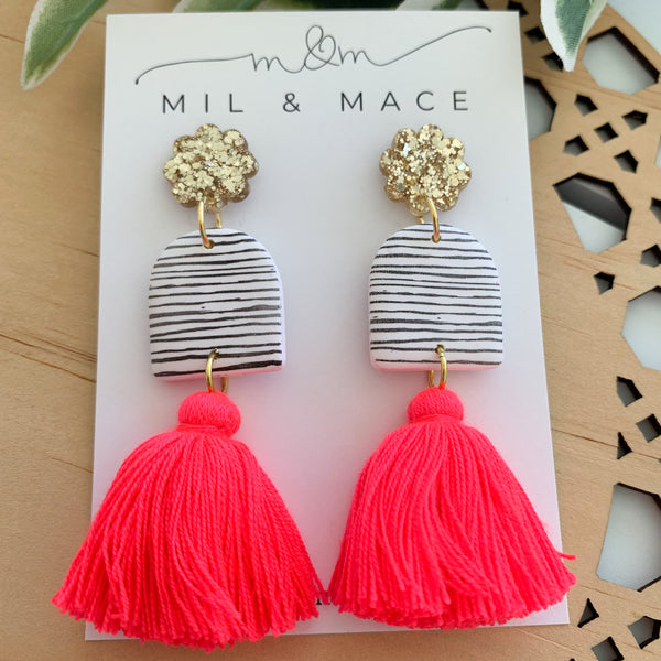 Black and White Stripe Tassel Dangle Earrings