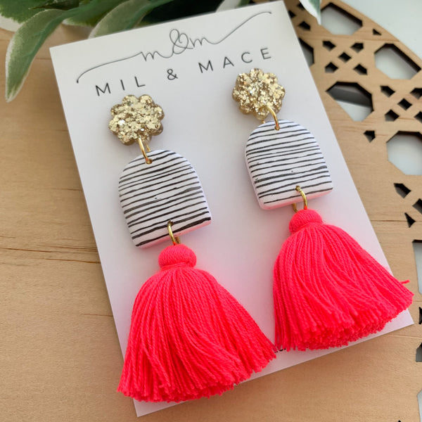 Black and White Stripe Tassel Dangle Earrings
