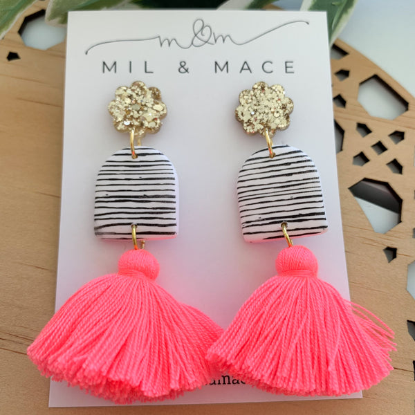 Black and White Stripe Tassel Dangle Earrings