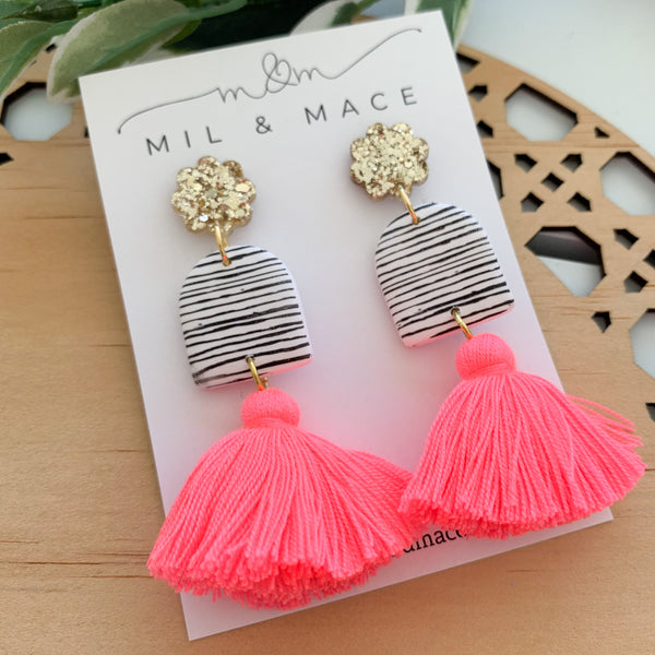 Black and White Stripe Tassel Dangle Earrings