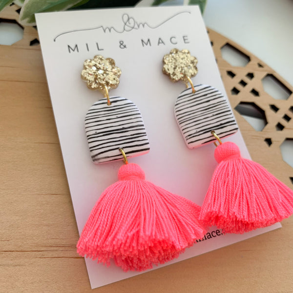 Black and White Stripe Tassel Dangle Earrings