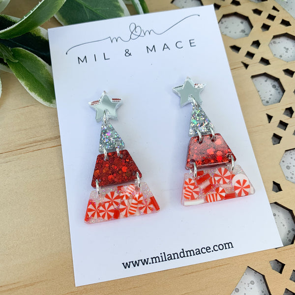 Tiered Christmas Tree Candy Cane Resin Dangle Earrings