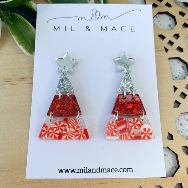 Tiered Christmas Tree Candy Cane Resin Dangle Earrings