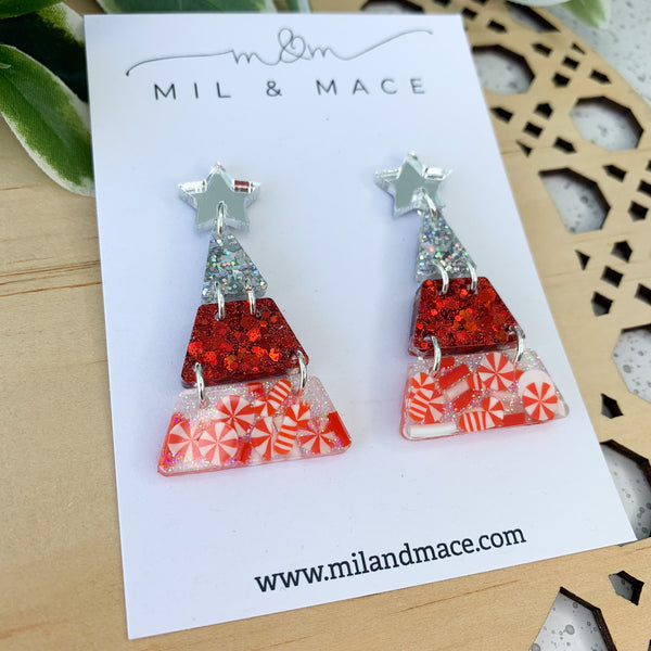 Tiered Christmas Tree Candy Cane Resin Dangle Earrings