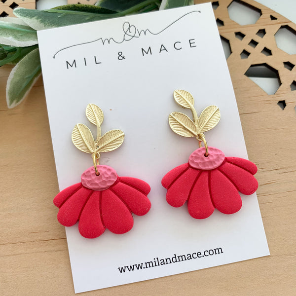 Red and Pink Cut Flowers Polymer Clay Dangle Earrings