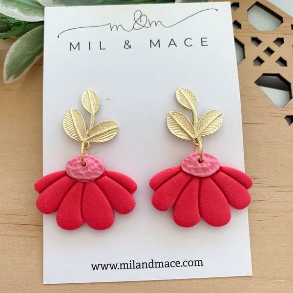 Red and Pink Cut Flowers Polymer Clay Dangle Earrings