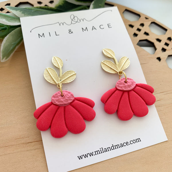 Red and Pink Cut Flowers Polymer Clay Dangle Earrings