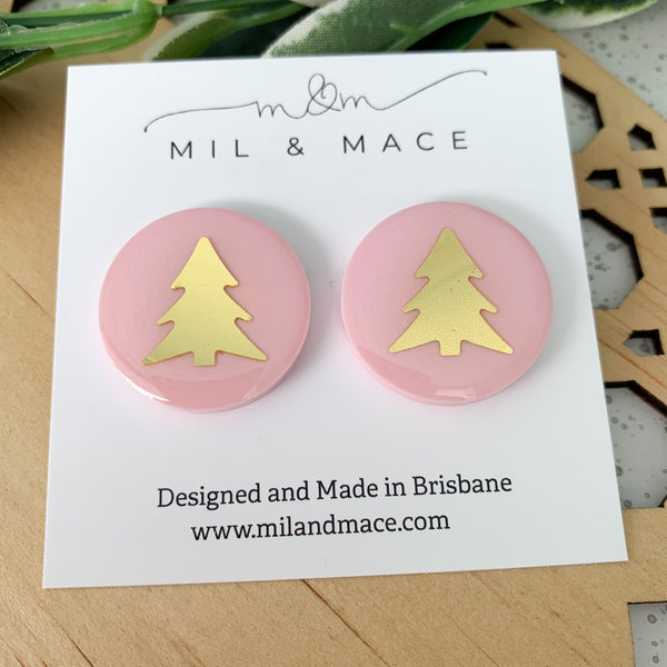 Christmas Tree Pale Pink 25mm Round Resin Studs