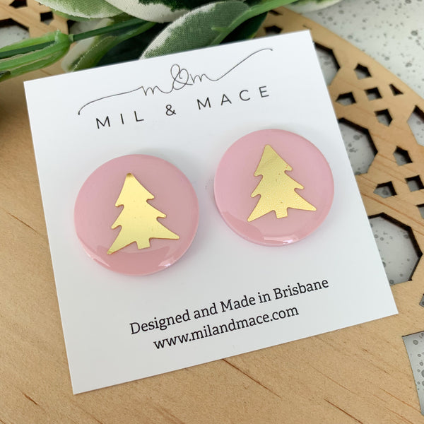 Christmas Tree Pale Pink 25mm Round Resin Studs