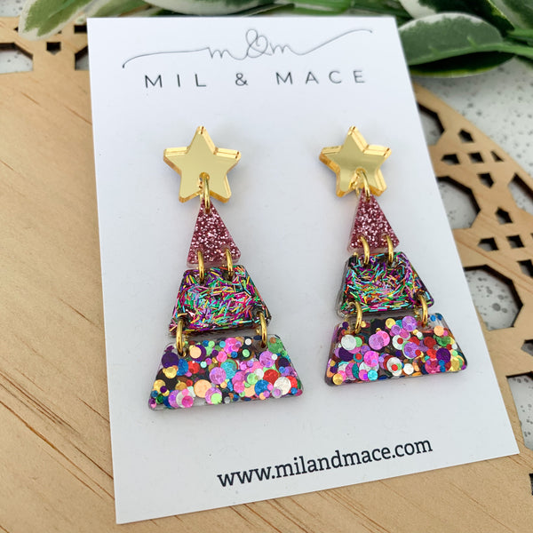 Tiered Christmas Tree Carnival Mixed Resin Dangle Earrings