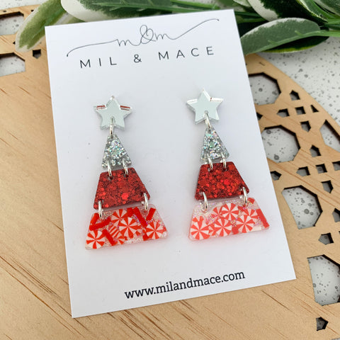 Tiered Christmas Tree Candy Cane Resin Dangle Earrings