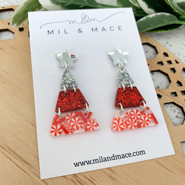 Tiered Christmas Tree Candy Cane Resin Dangle Earrings