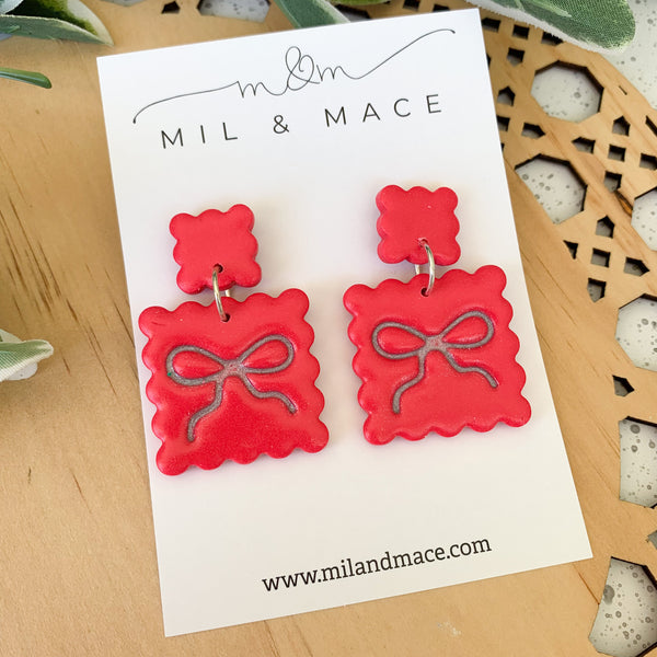 Bow Square Earrings Polymer Clay Dangle Earrings