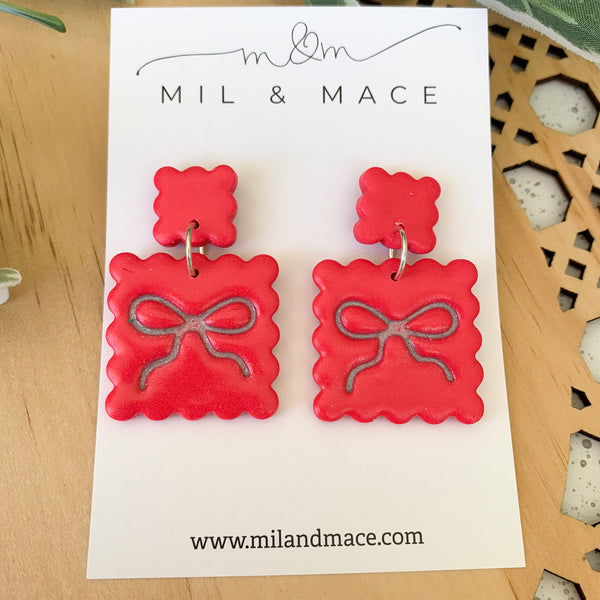 Bow Square Earrings Polymer Clay Dangle Earrings