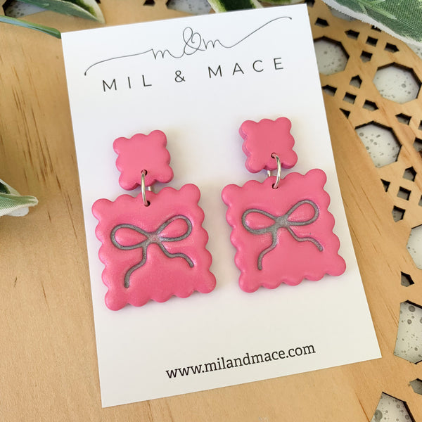 Bow Square Earrings Polymer Clay Dangle Earrings