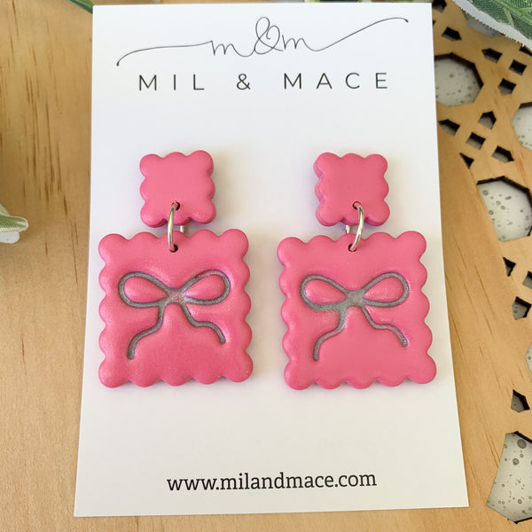Bow Square Earrings Polymer Clay Dangle Earrings