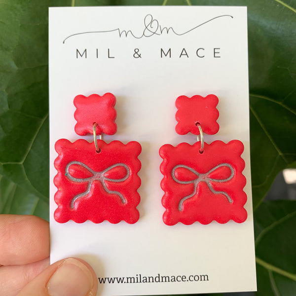 Bow Square Earrings Polymer Clay Dangle Earrings